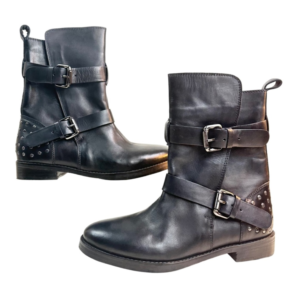 Women’s VINTAGE FOUNDRY CO Black Leather SHERRY Moto Biker Stud Boots Sz: 7 New.